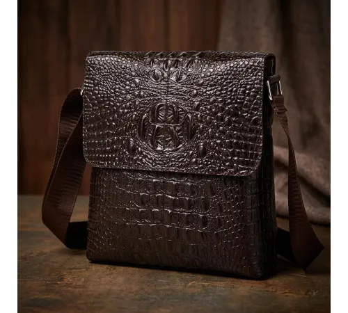 Сумка чоловіча вертикальна з тисненням під рептилію Vintage 14723 Коричнева