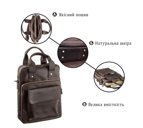 Вінтажна сумка під А4 вертикального формату в матовою шкірі 11166 SHVIGEL, Коричнева