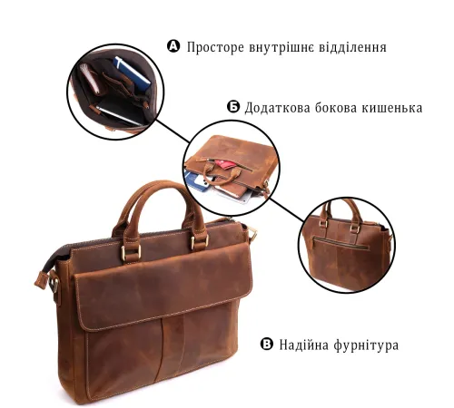 Шкіряний портфель для ноутбука роботи та документів Vintage 14066 Коричневий