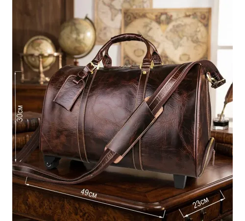 Шкіряна дорожня сумка на колесах для подорожей та відряджень Vintage 14254 Коричнева