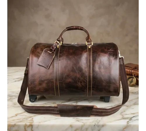 Шкіряна дорожня сумка на колесах для подорожей та відряджень Vintage 14254 Коричнева