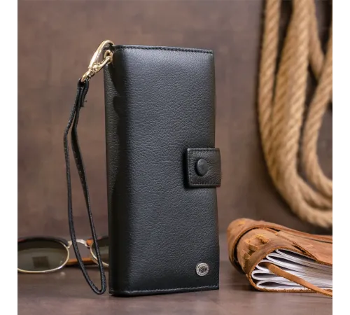 Оригінальний гаманець шкіряний жіночий на хлястику з кнопкою ST Leather 19280 Чорний