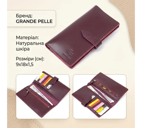 Шкіряне глянсове портмоне GRANDE PELLE 11467 Бордовий