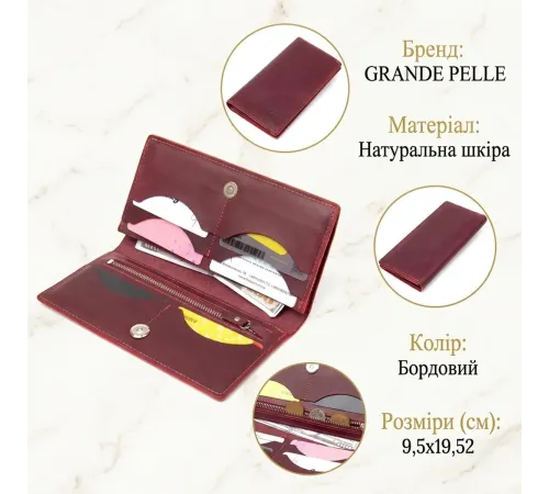 Шкіряне вінтажне портмоне GRANDE PELLE 11468 Бордовий