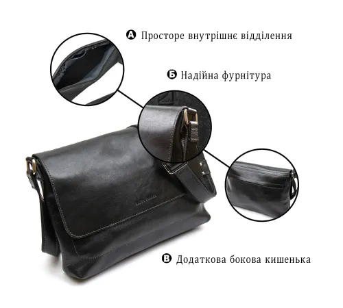 Шкіряна чоловіча прямокутна сумка GRANDE PELLE 11429 Чорний