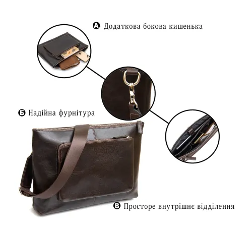 Шкіряна чоловіча прямокутна сумка для ноутбука GRANDE PELLE 11438 Коричневий