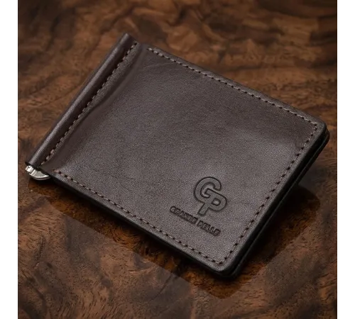 Шкіряний чоловічий затиск для грошей з монетницею GRANDE PELLE 11547 Коричневий