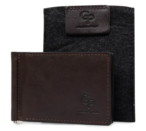 Шкіряний чоловічий затиск для грошей з монетницею GRANDE PELLE 11547 Коричневий