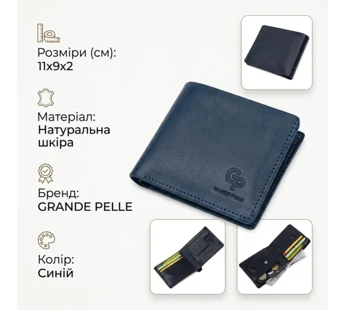Шкіряне чоловіче стильне портмоне GRANDE PELLE 11552 Синій