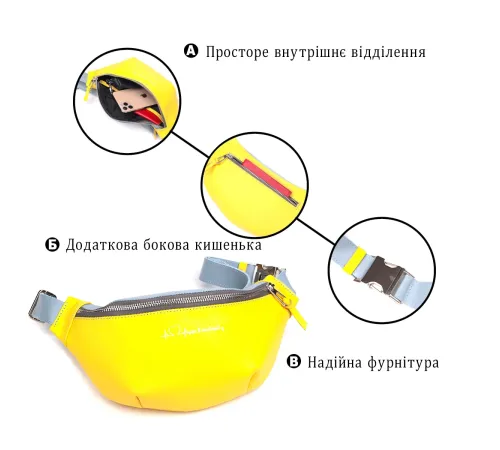 Патріотична шкіряна сумка-бананка комбі двох кольорів Серце GRANDE PELLE 16760 Жовто-блакитна