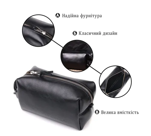 Косметичка середнього розміру з гладкої шкіри на блискавці Україна GRANDE PELLE 16764 Чорна