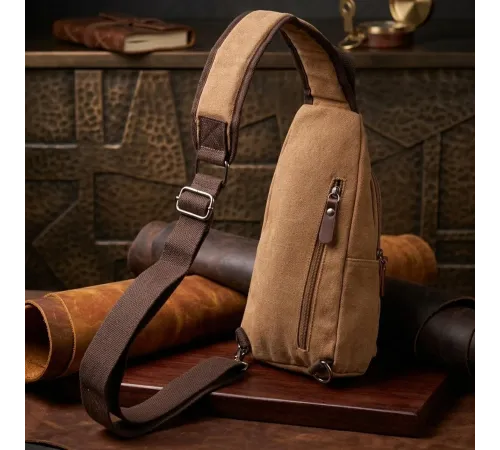 Практична чоловіча сумка через плече з USB кабелем текстильна 21222 Vintage Коричнева