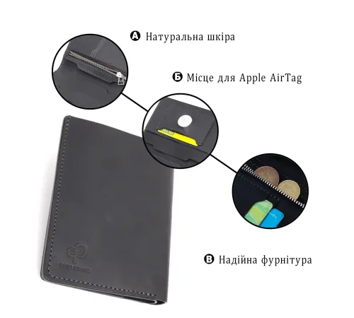 Добротне шкіряне портмоне з утримувачем для Apple AirTag GRANDE PELLE 11623 Чорний