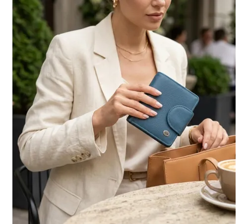 Красиве шкіряне портмоне з монетницею зовні для стильних жінок ST Leather 19457 Бірюзовий