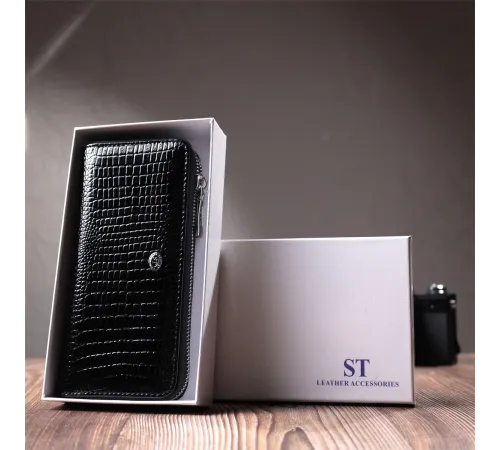 Лакований жіночий гаманець на блискавці із натуральної шкіри ST Leather 22678 Чорний