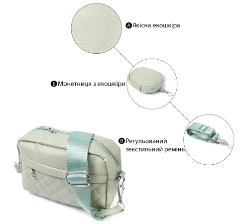 Стильна жіноча сумка крос-боді з монетницею з екошкіри Vintage 22797 Фісташковий
